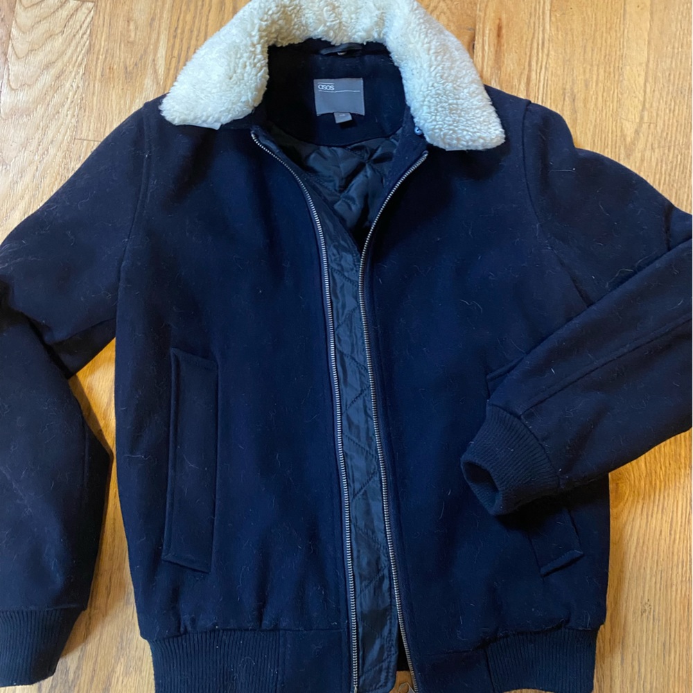 ASOS Men’s XS or XXS Navy Blue Wool Bomber Jacket with Removable Sherpa Collar